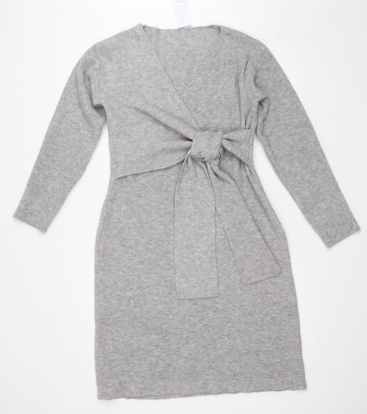 SheIn Womens Grey Acrylic Wrap Dress Size XS V-Neck Tie - Tie
