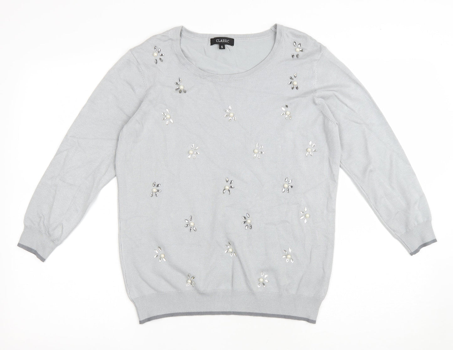 Classic Womens Grey Round Neck Floral Viscose Pullover Jumper Size S