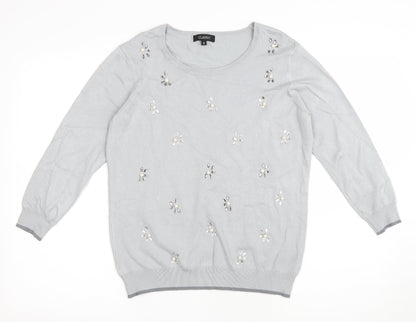 Classic Womens Grey Round Neck Floral Viscose Pullover Jumper Size S