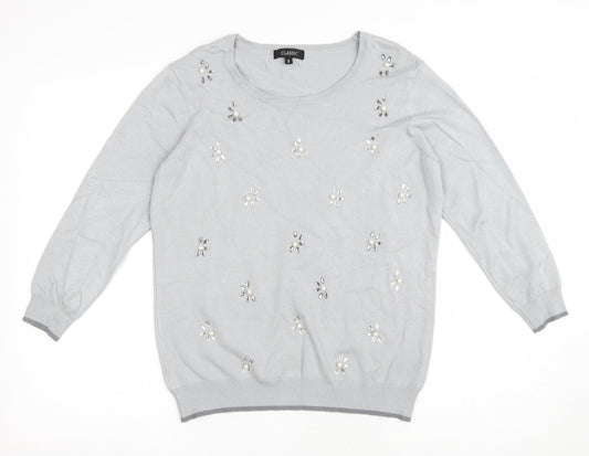 Classic Womens Grey Round Neck Floral Viscose Pullover Jumper Size S