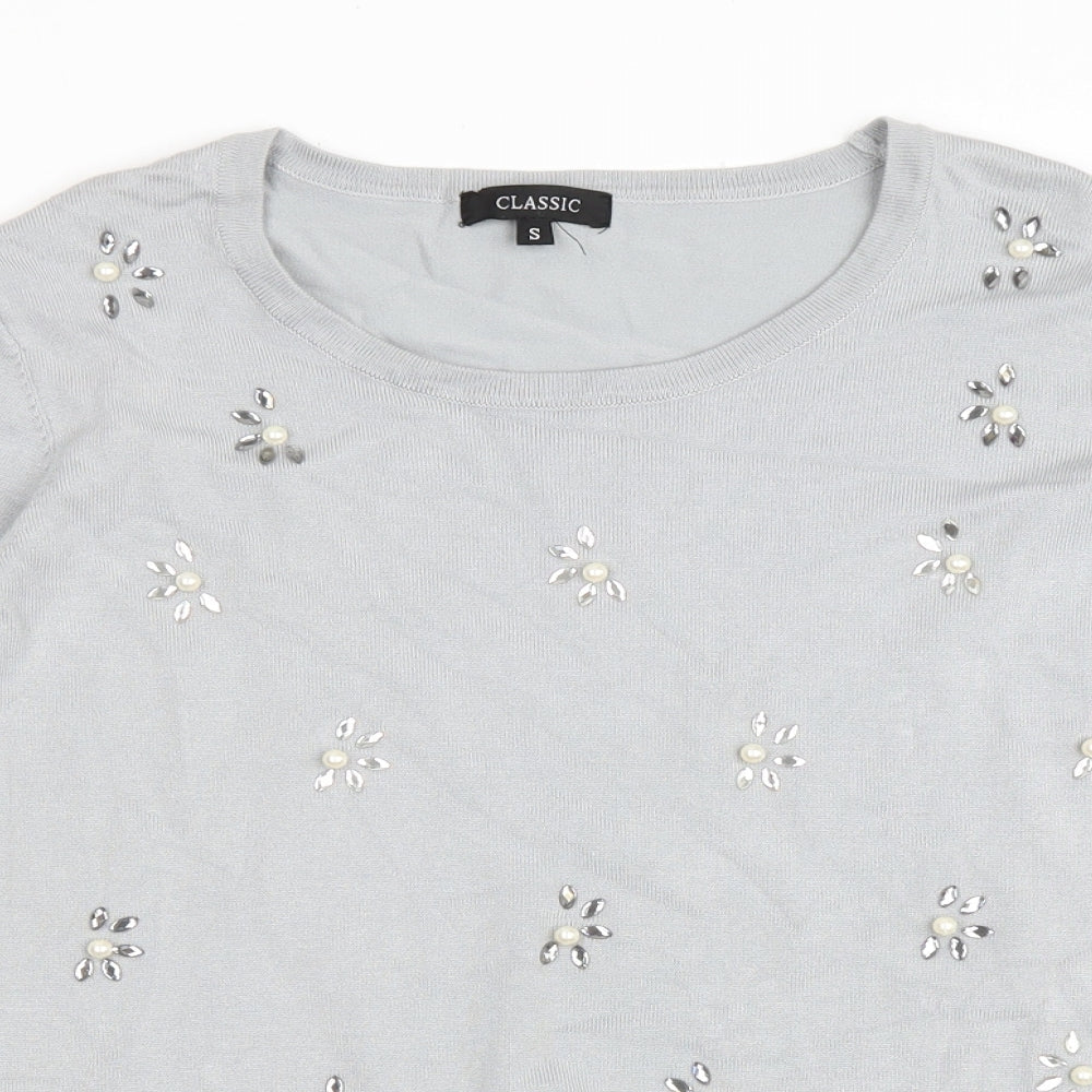 Classic Womens Grey Round Neck Floral Viscose Pullover Jumper Size S