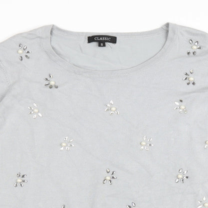 Classic Womens Grey Round Neck Floral Viscose Pullover Jumper Size S