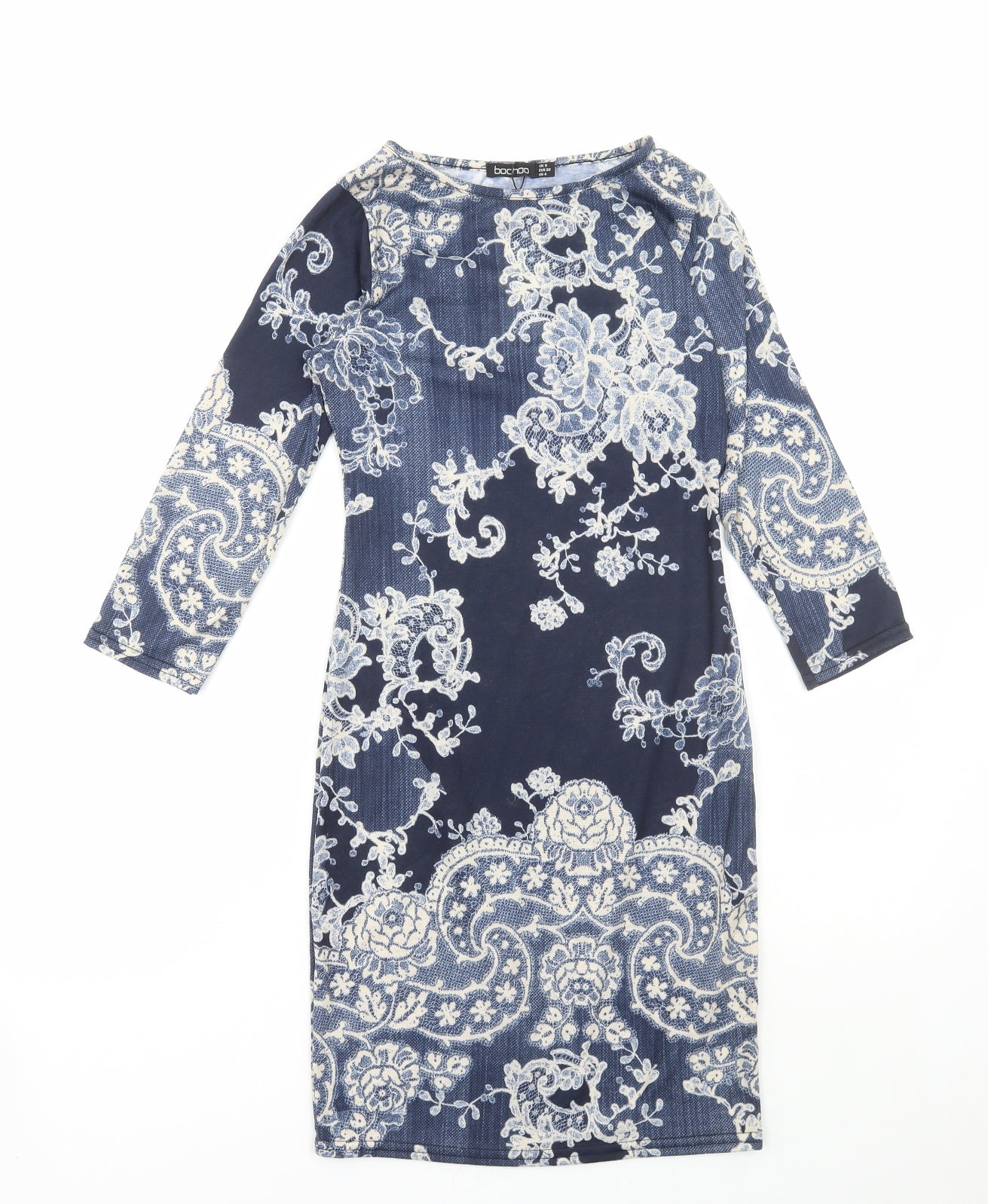 Boohoo Womens Blue Geometric Polyester Bodycon Size 8 Round Neck Pullover