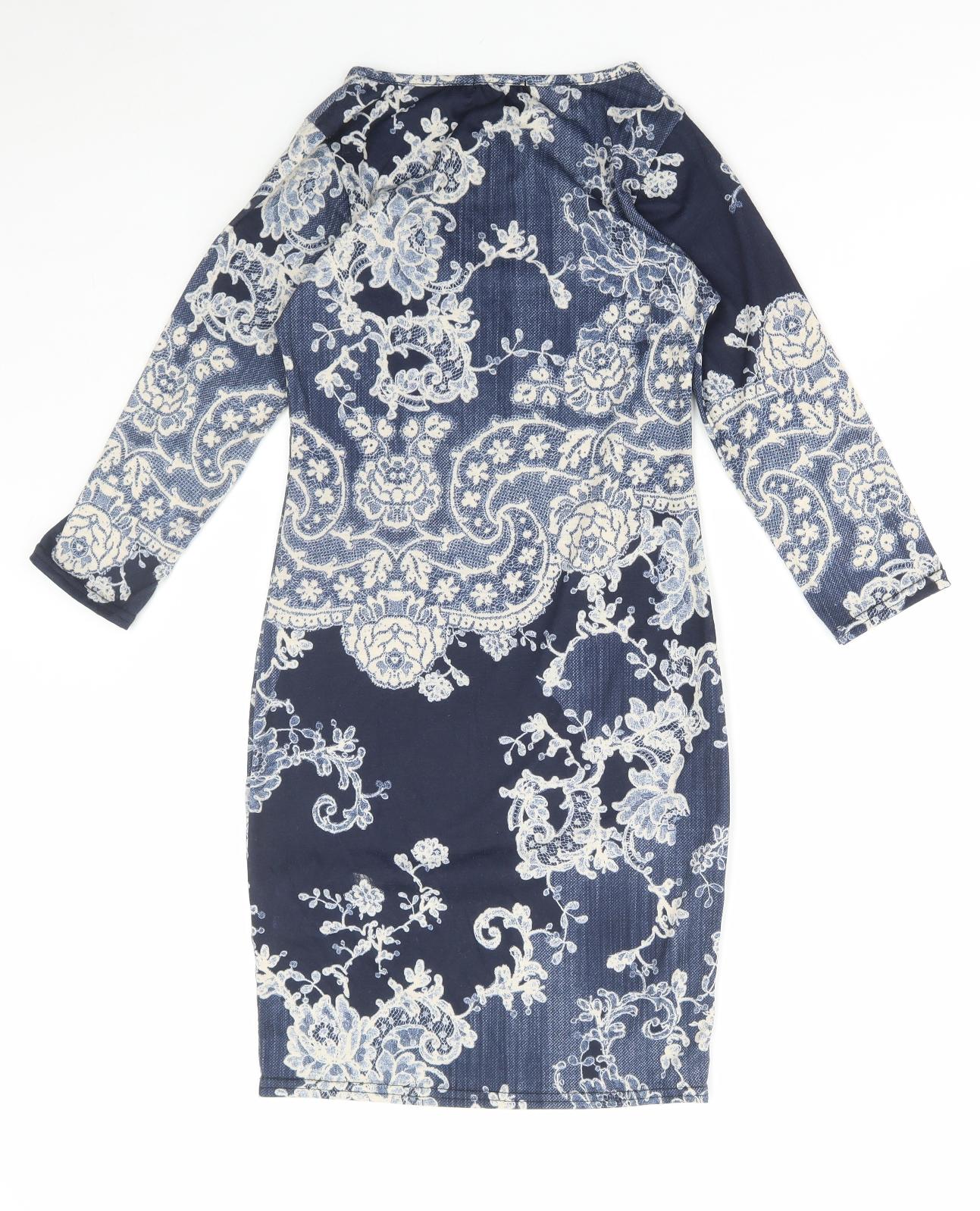 Boohoo Womens Blue Geometric Polyester Bodycon Size 8 Round Neck Pullover