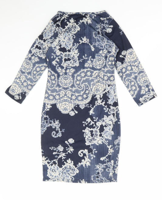 Boohoo Womens Blue Geometric Polyester Bodycon Size 8 Round Neck Pullover