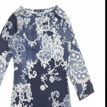 Boohoo Womens Blue Geometric Polyester Bodycon Size 8 Round Neck Pullover