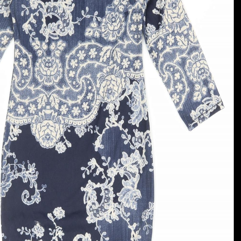 Boohoo Womens Blue Geometric Polyester Bodycon Size 8 Round Neck Pullover