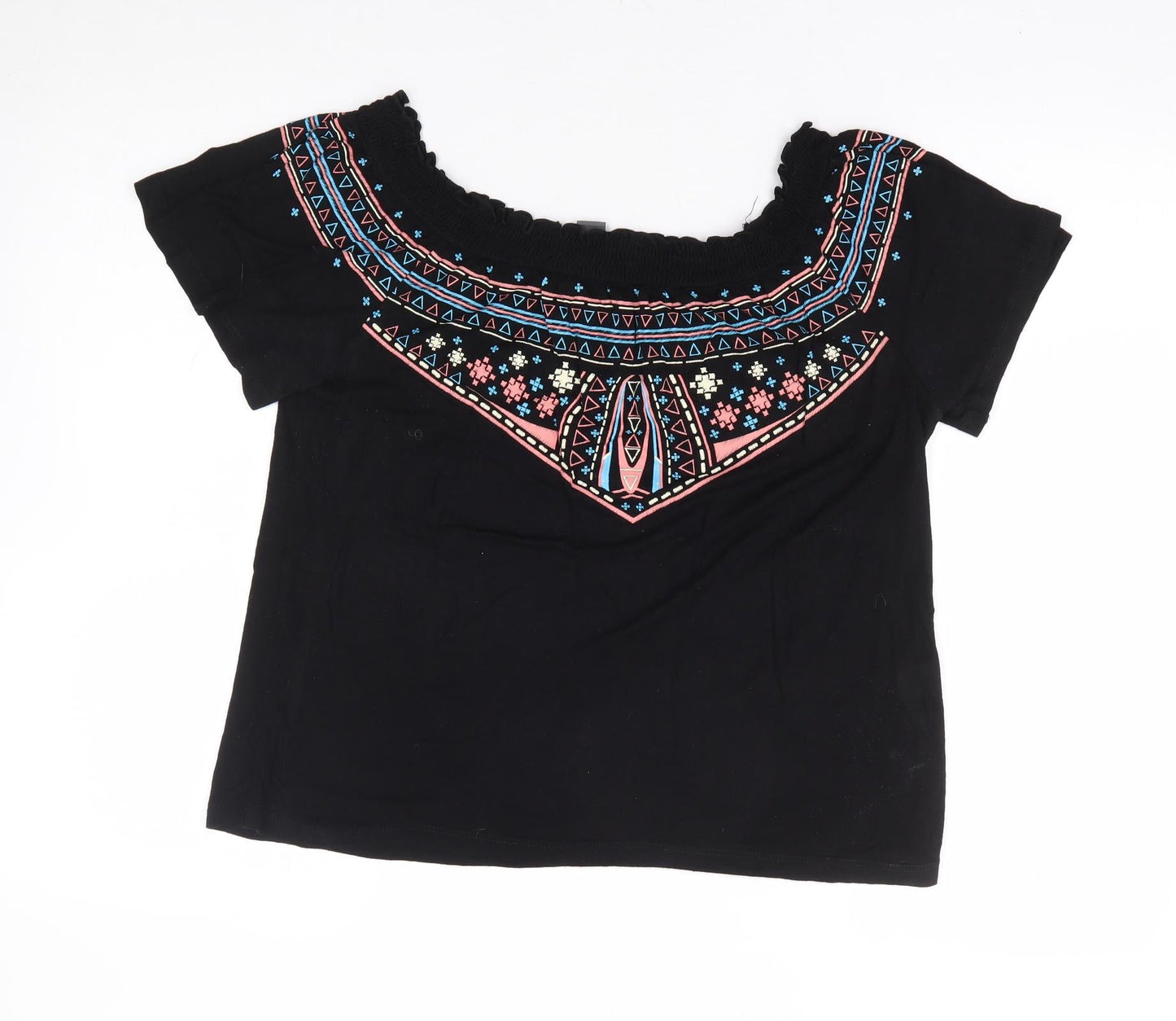 Primark Womens Black Geometric Viscose Basic Blouse Size 12 Off the Shoulder