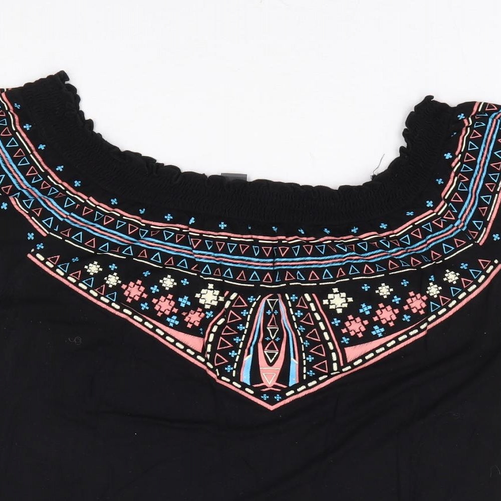 Primark Womens Black Geometric Viscose Basic Blouse Size 12 Off the Shoulder