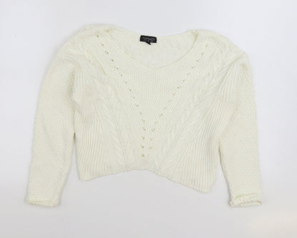 Topshop Womens White Scoop Neck Cotton Pullover Jumper Size 8