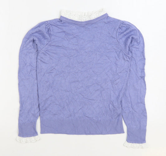 F&F Womens Blue Round Neck Viscose Pullover Jumper Size 6 - Lace Trim