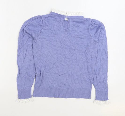 F&F Womens Blue Round Neck Viscose Pullover Jumper Size 6 - Lace Trim