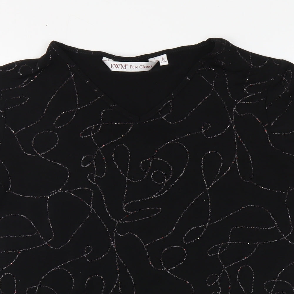 EWM Womens Black Geometric Polyester Basic T-Shirt Size S V-Neck