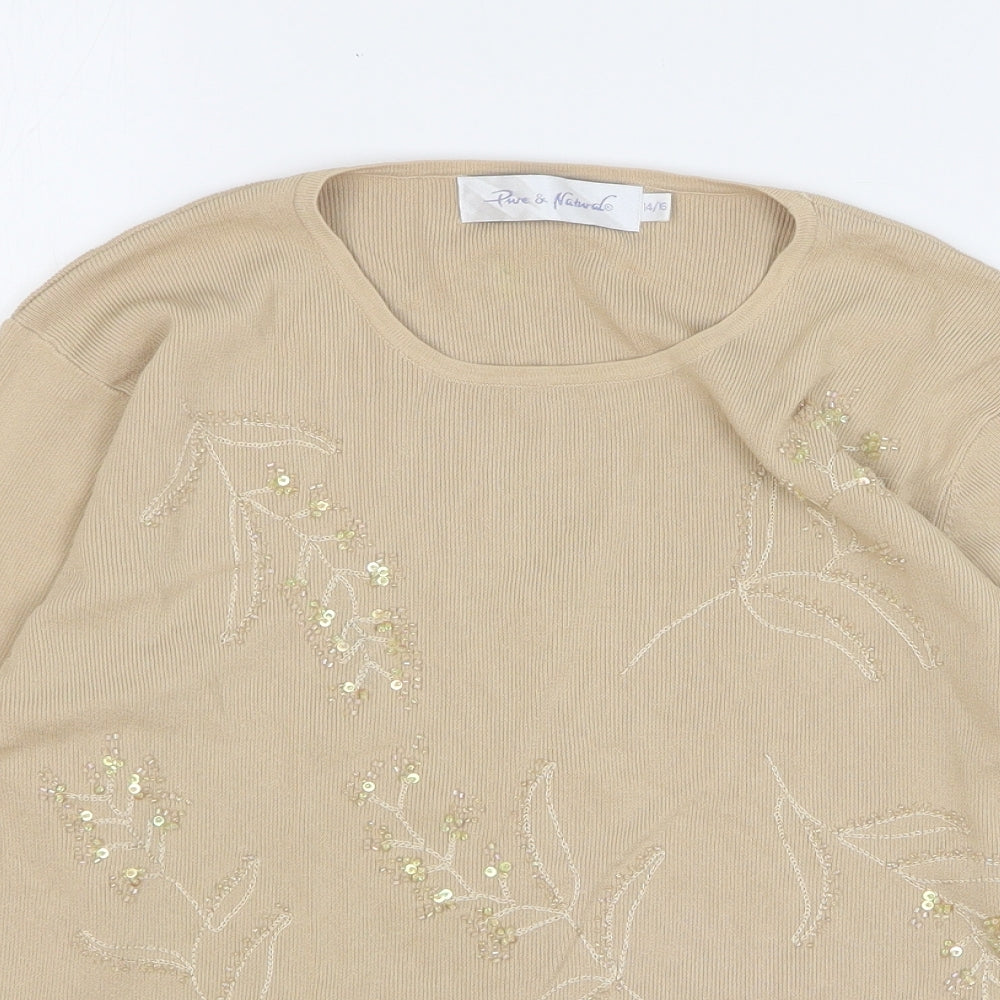 Womens UK Size 14 Pure & Natural Beige Basic T-Shirt