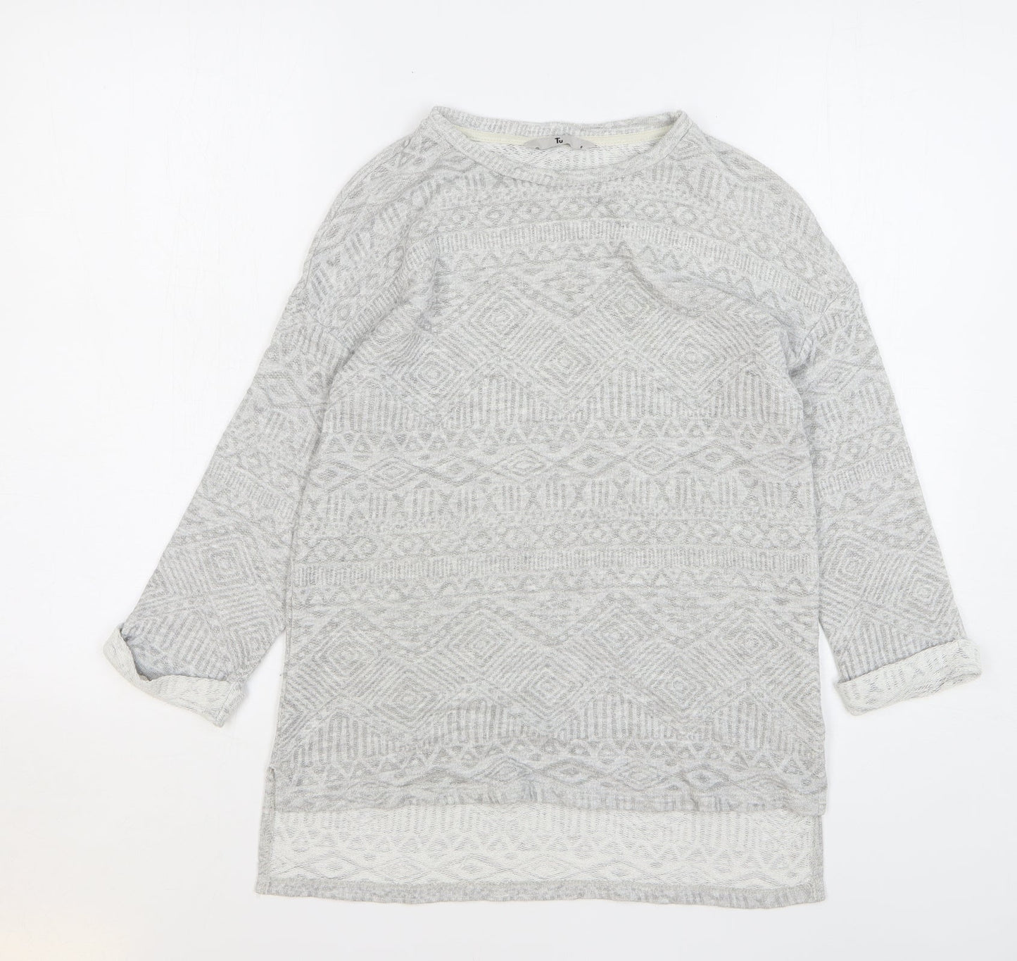 TU Womens Grey Round Neck Geometric Cotton Pullover Jumper Size 8
