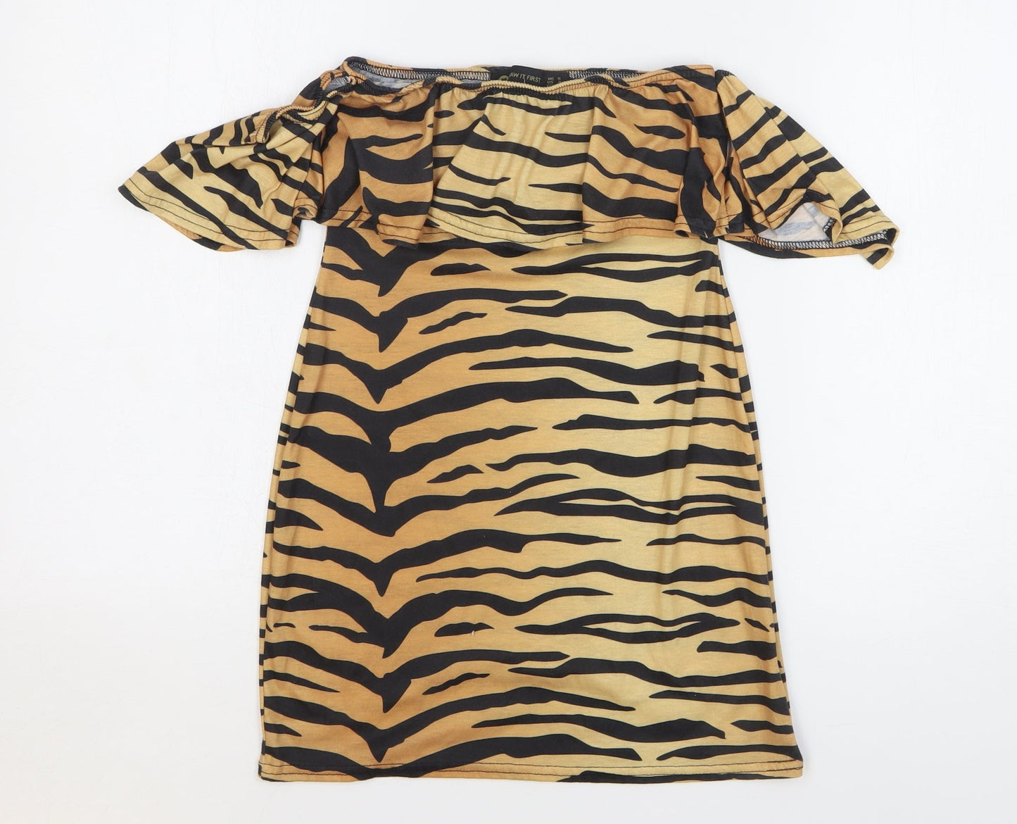 I SAW IT FIRST Womens Orange Animal Print Polyester Tunic T-Shirt Size 8 Off the Shoulder - Tiger