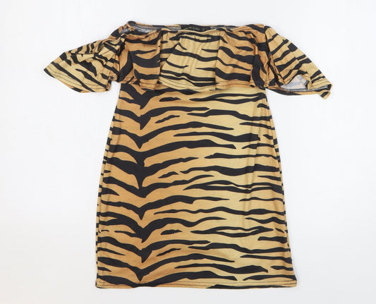 I SAW IT FIRST Womens Orange Animal Print Polyester Tunic T-Shirt Size 8 Off the Shoulder - Tiger