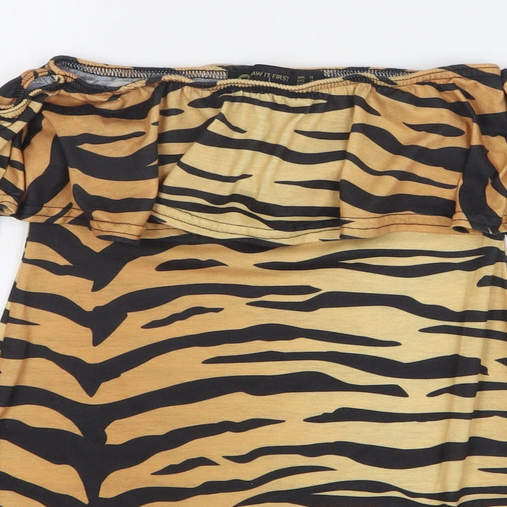 I SAW IT FIRST Womens Orange Animal Print Polyester Tunic T-Shirt Size 8 Off the Shoulder - Tiger