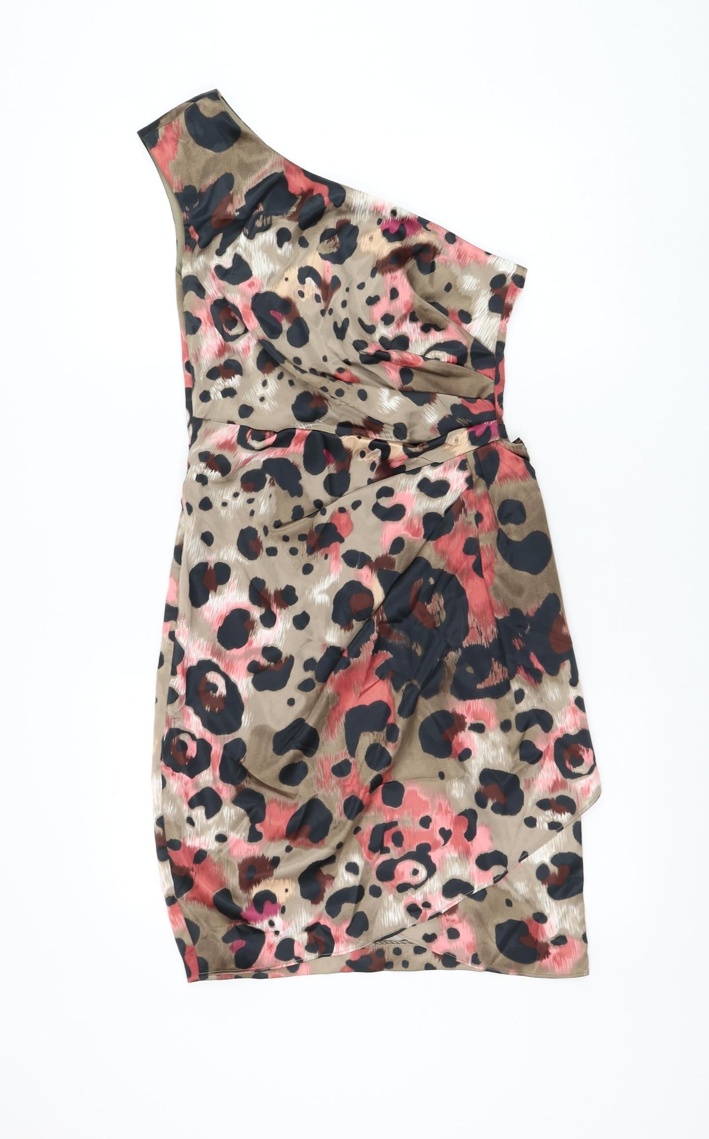 London Times Womens Brown Animal Print Polyester Mini Size 8 One Shoulder Zip - Leopard Print