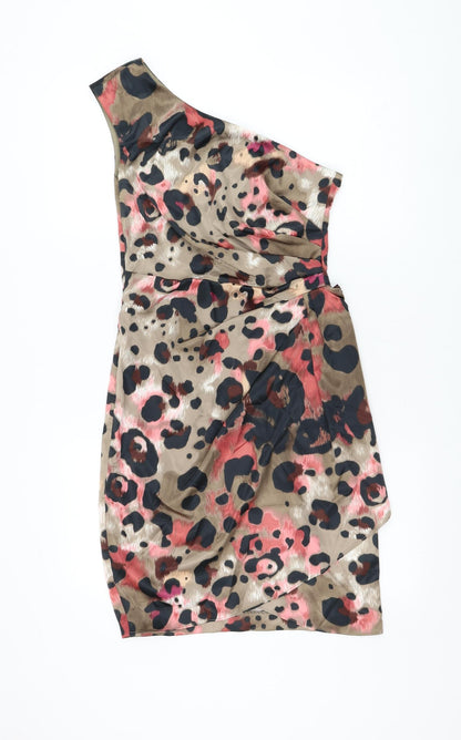 London Times Womens Brown Animal Print Polyester Mini Size 8 One Shoulder Zip - Leopard Print