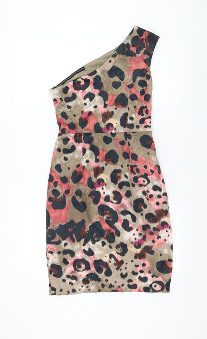 London Times Womens Brown Animal Print Polyester Mini Size 8 One Shoulder Zip - Leopard Print