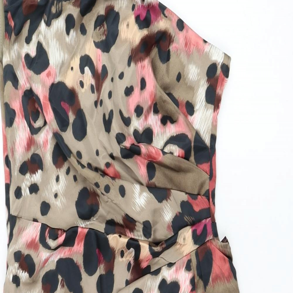 London Times Womens Brown Animal Print Polyester Mini Size 8 One Shoulder Zip - Leopard Print