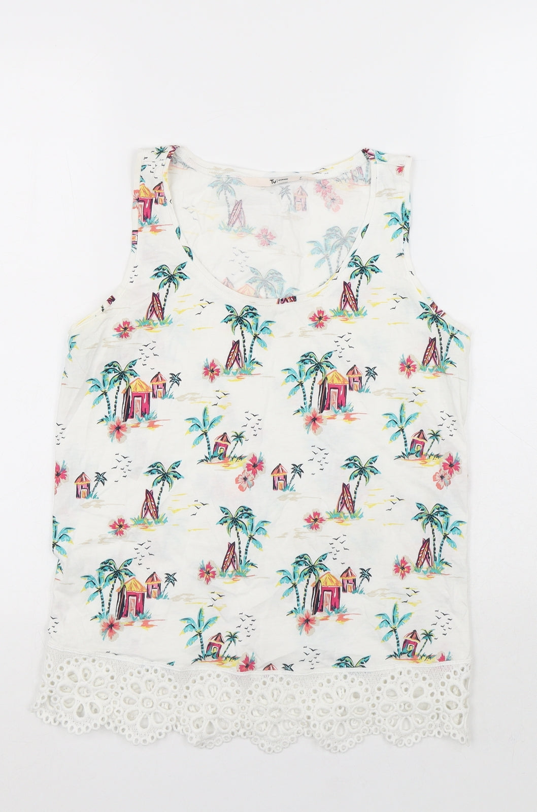 TU Womens White Geometric Cotton Basic Tank Size 8 Round Neck - Palm Trees, Surf Boards