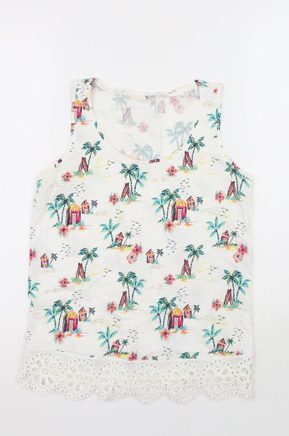 TU Womens White Geometric Cotton Basic Tank Size 8 Round Neck - Palm Trees, Surf Boards