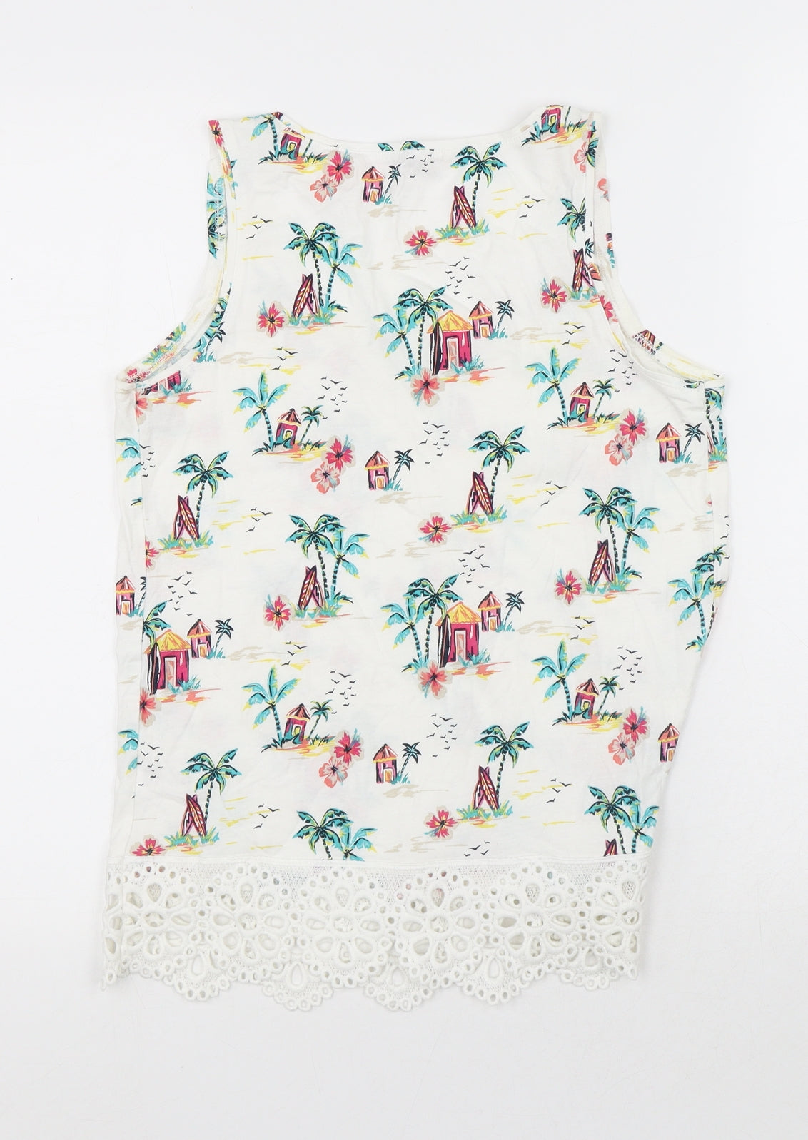 TU Womens White Geometric Cotton Basic Tank Size 8 Round Neck - Palm Trees, Surf Boards