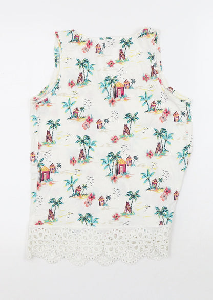 TU Womens White Geometric Cotton Basic Tank Size 8 Round Neck - Palm Trees, Surf Boards