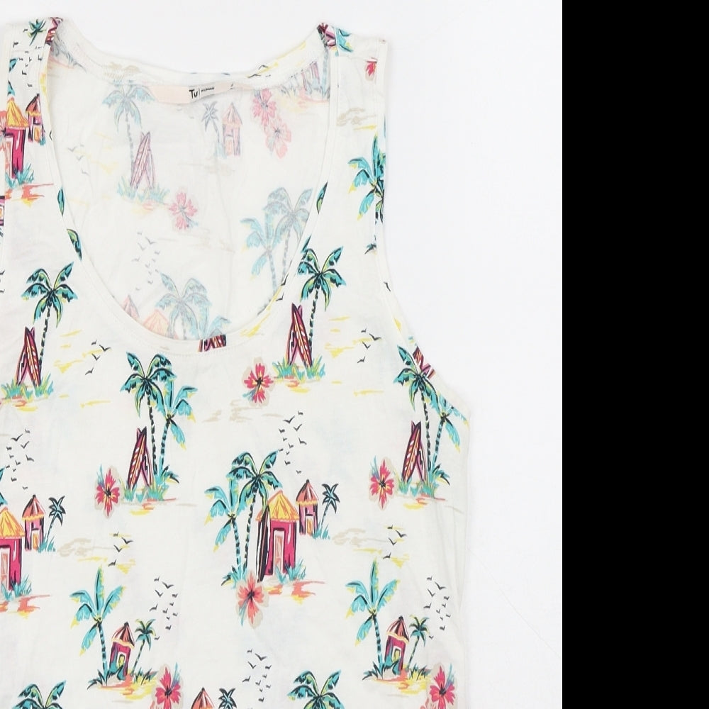 TU Womens White Geometric Cotton Basic Tank Size 8 Round Neck - Palm Trees, Surf Boards