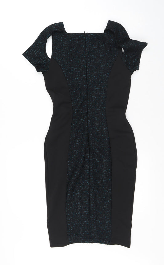 Miss Selfridge Womens Black Geometric Polyester A-Line Size 10 Round Neck Zip