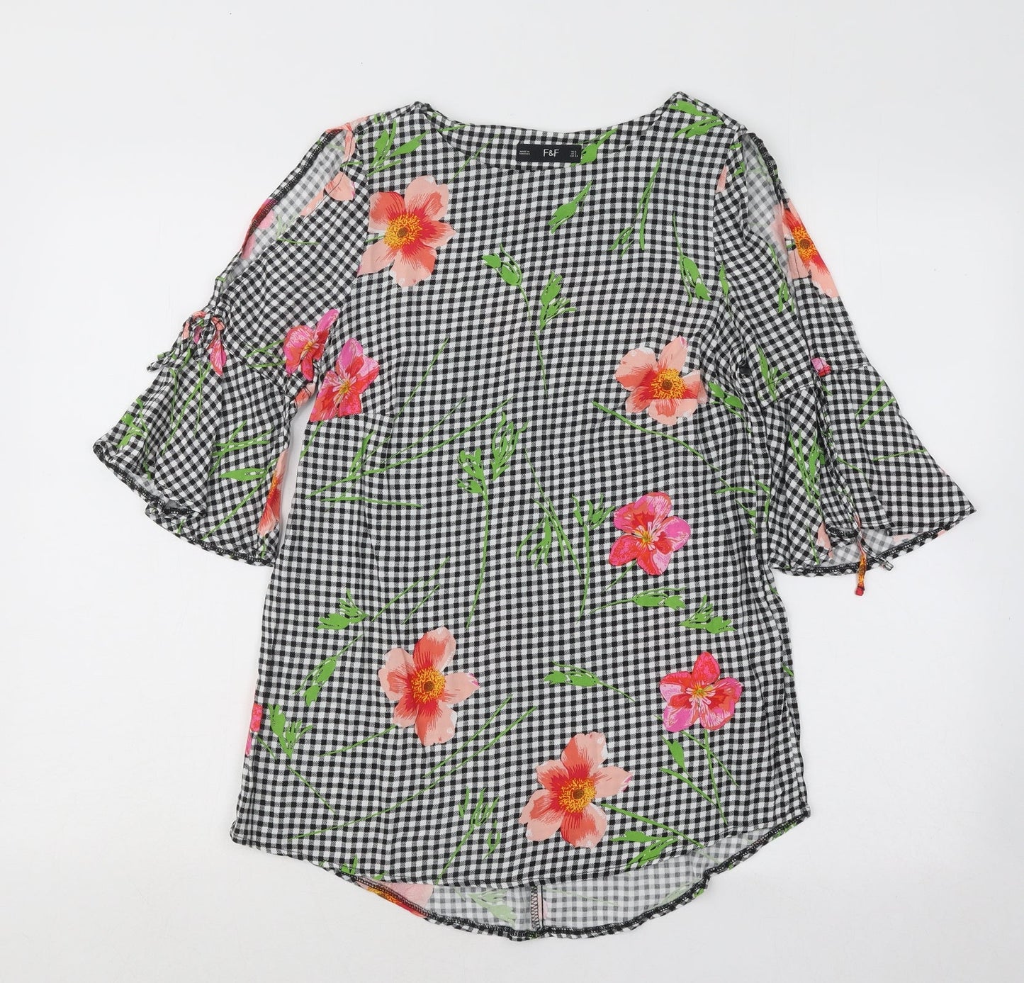 F&F Womens Black Plaid Viscose Basic Blouse Size 6 Round Neck - Flowers