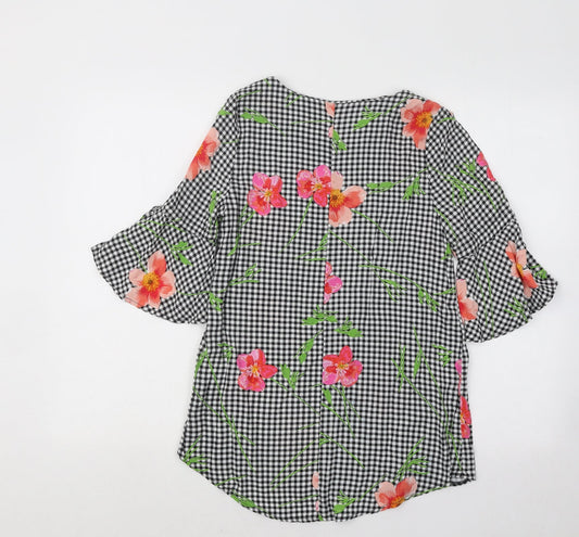 F&F Womens Black Plaid Viscose Basic Blouse Size 6 Round Neck - Flowers