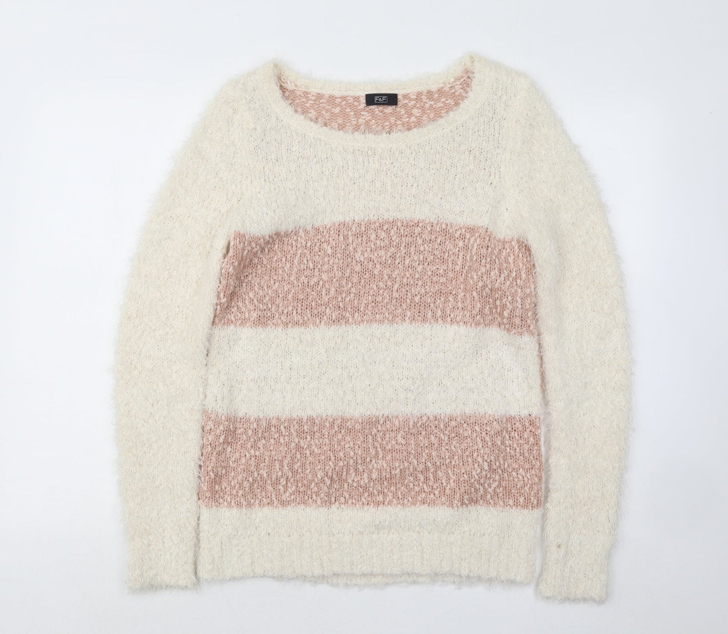 F&F Womens White Boat Neck Striped Polyester Pullover Jumper Size 8