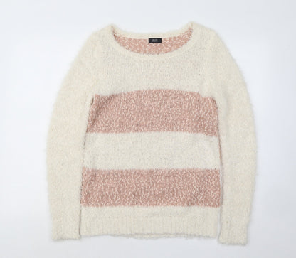 F&F Womens White Boat Neck Striped Polyester Pullover Jumper Size 8