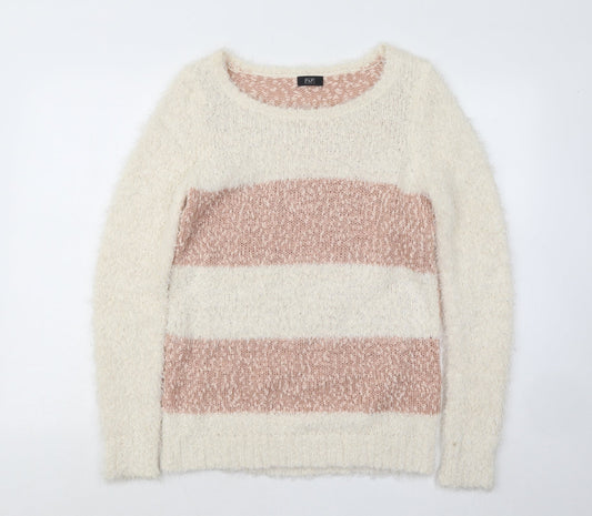 F&F Womens White Boat Neck Striped Polyester Pullover Jumper Size 8