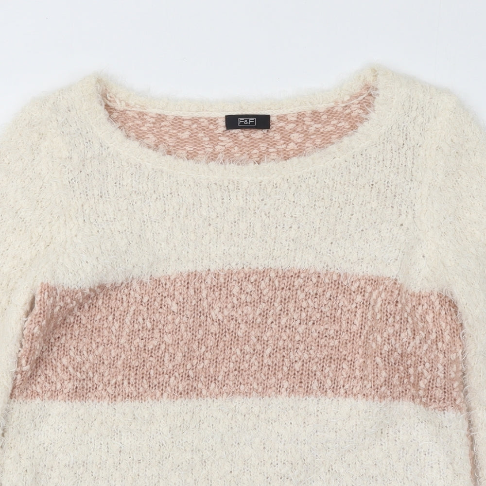 F&F Womens White Boat Neck Striped Polyester Pullover Jumper Size 8