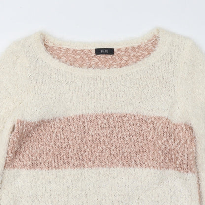 F&F Womens White Boat Neck Striped Polyester Pullover Jumper Size 8