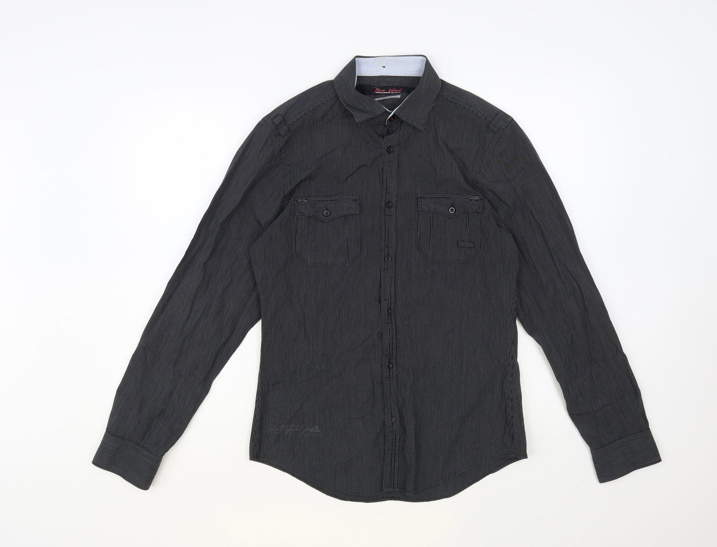 River Island Mens Black Striped Cotton Button-Up Size S Collared Button