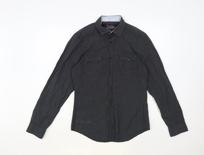 River Island Mens Black Striped Cotton Button-Up Size S Collared Button