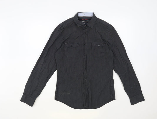 River Island Mens Black Striped Cotton Button-Up Size S Collared Button