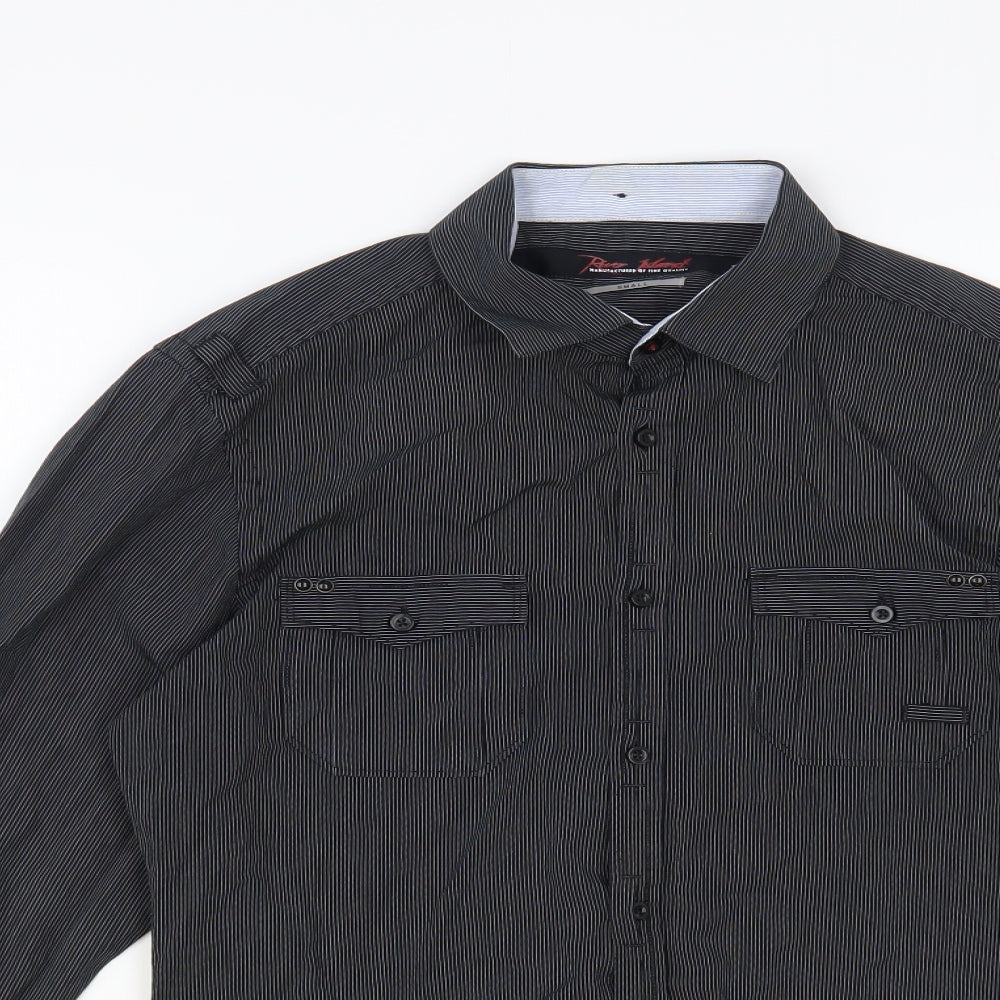 River Island Mens Black Striped Cotton Button-Up Size S Collared Button