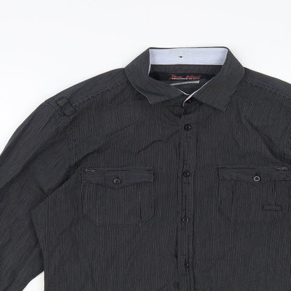 River Island Mens Black Striped Cotton Button-Up Size S Collared Button