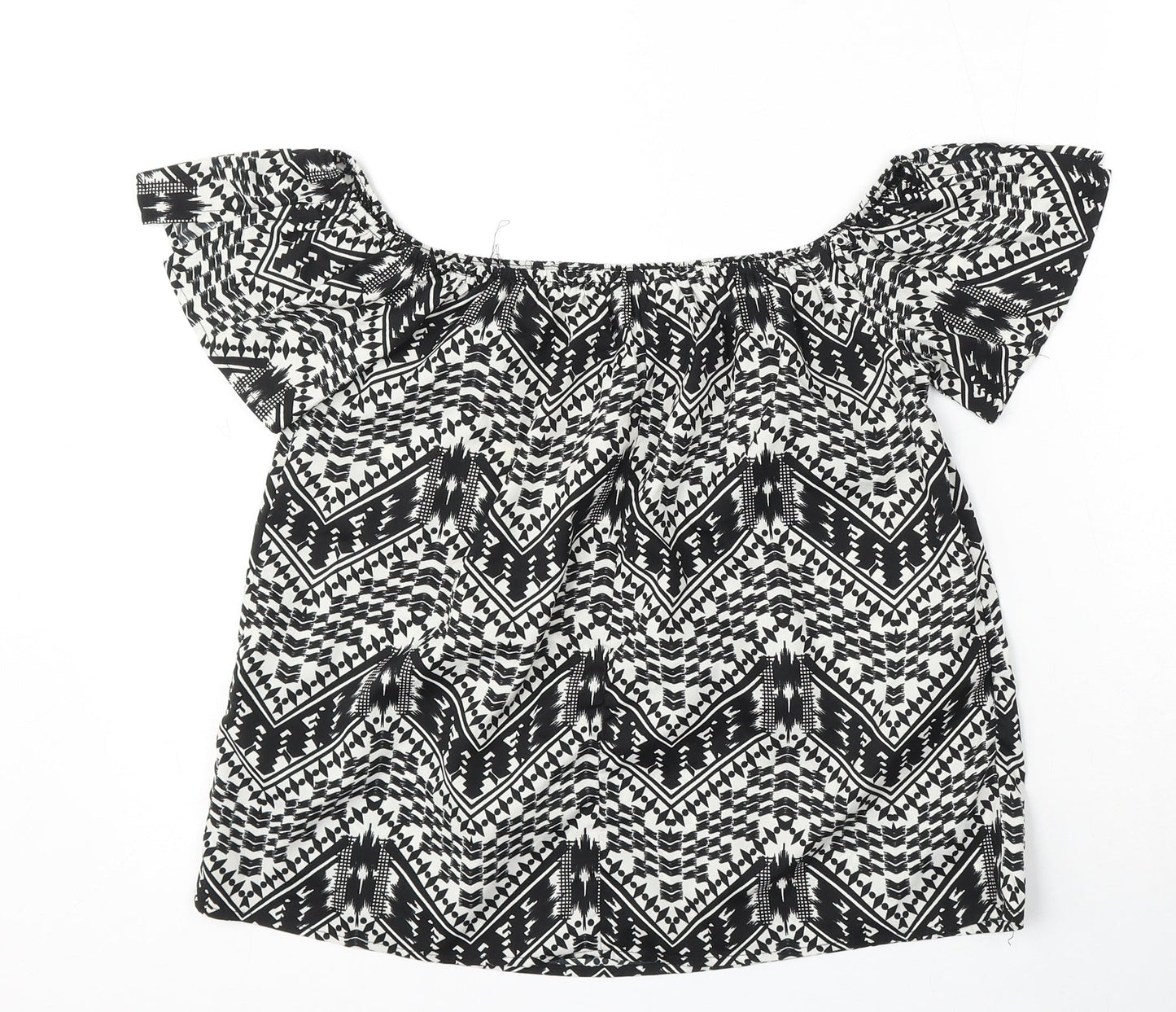 Primark Womens Black Geometric Polyester Basic Blouse Size 8 Round Neck