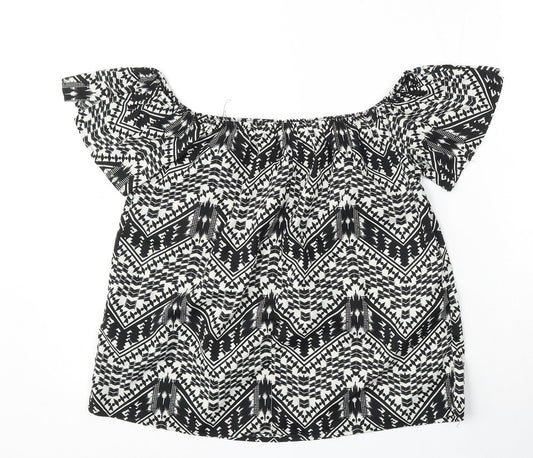 Primark Womens Black Geometric Polyester Basic Blouse Size 8 Round Neck