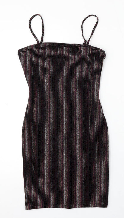 FOREVER 21 Womens Black Striped Polyester Bodycon Size S Round Neck