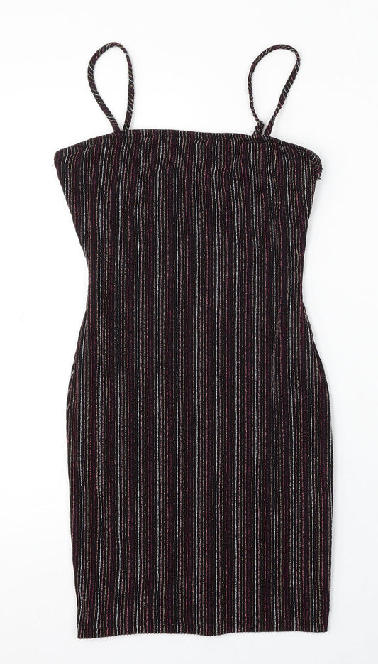 FOREVER 21 Womens Black Striped Polyester Bodycon Size S Round Neck