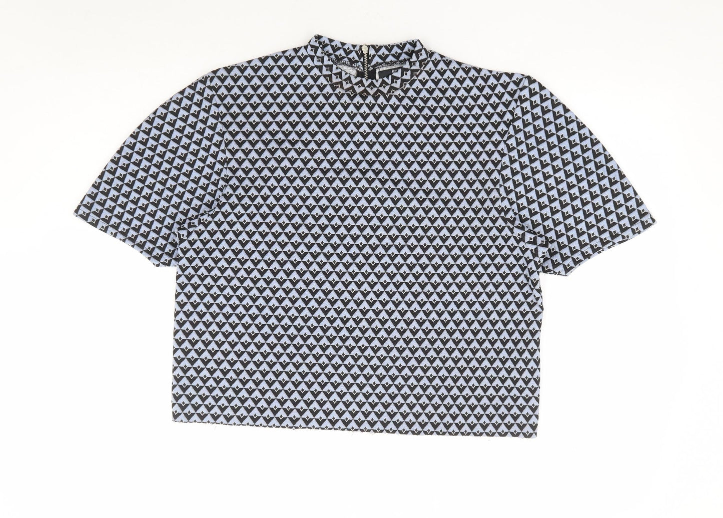 Bershka Womens Blue Geometric Polyester Basic T-Shirt Size M Mock Neck