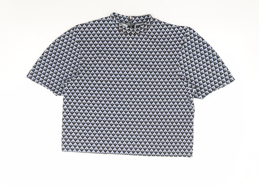 Bershka Womens Blue Geometric Polyester Basic T-Shirt Size M Mock Neck